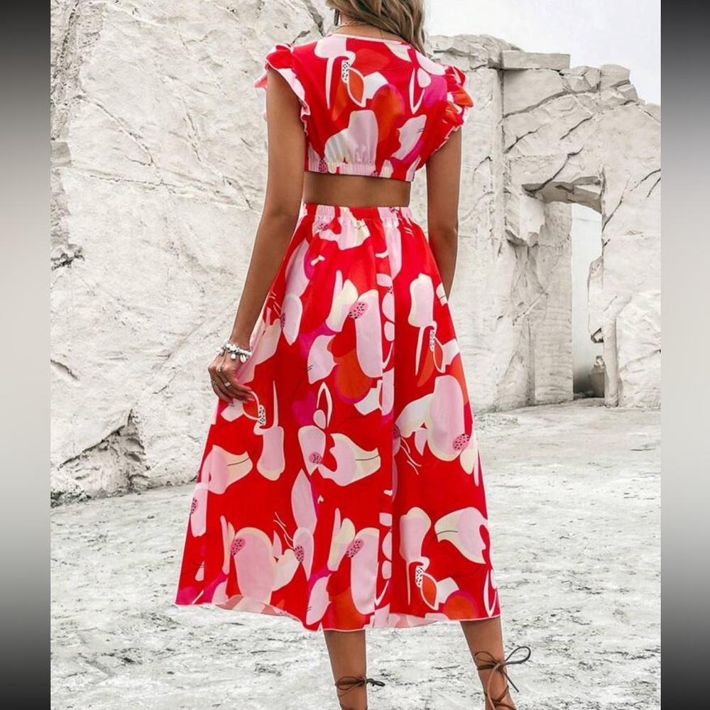 Boho Abstract Geo Print Cut Out Deep V -Neck Dress RED - Picture 3 of 4